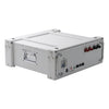 White battery module with terminal connections, on/off switch, side handle, and a durable rectangular design.