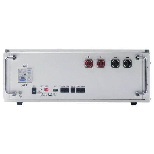 Front view of a white battery module with terminal connections, on/off switch, communication ports, and metal side handles.