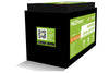 Black 12V 100Ah NUEPower LiFePO4 battery with a green label, QR code, warning icons, and app download information.