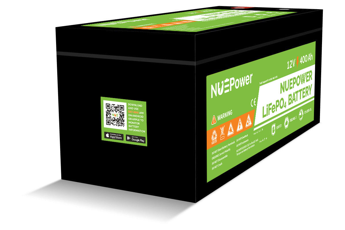 Black 12V 400Ah LiFePO4 battery with a green NUEPower label, safety warnings, and a QR code on the side.