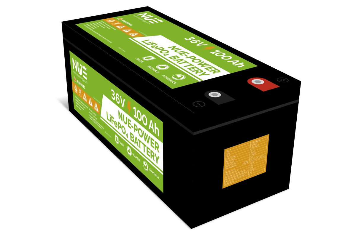 Black 36V 100Ah NUEPower LiFePO4 battery with a green label, orange specifications panel, and terminal connections.