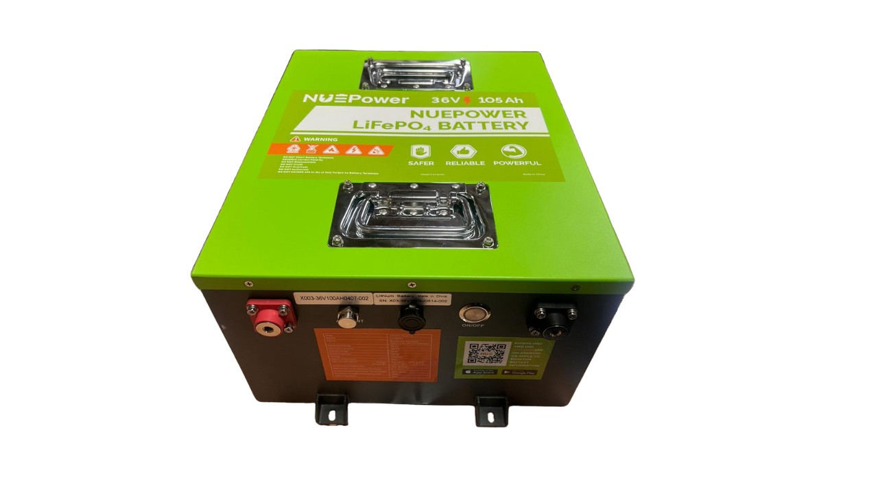 Top view of a 36V 105Ah NUEPower LiFePO4 battery with a green top, metal handles, terminal connections, and a QR code.
