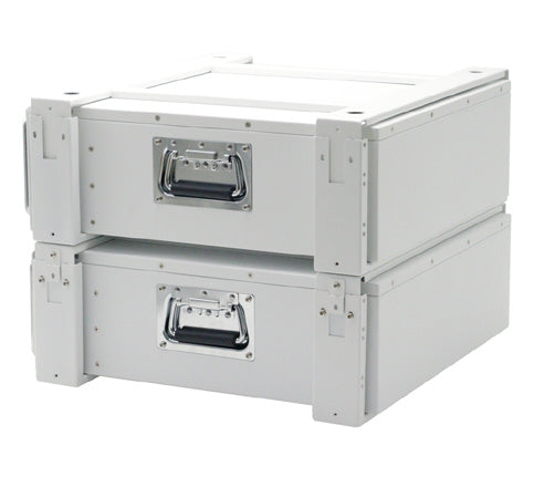 Two stacked white battery modules with metal handles on the front and a minimalist rectangular design.