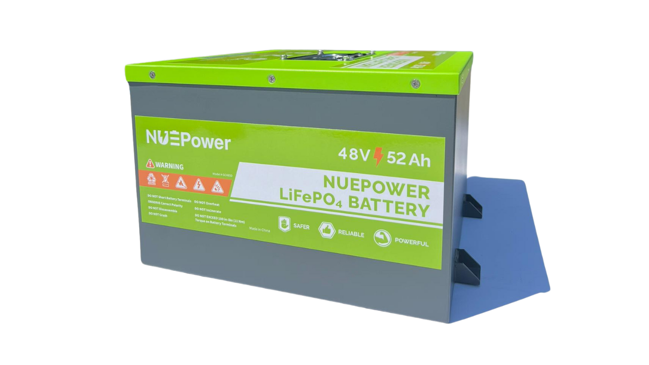 Side view of a NUEPower 48V 52Ah battery with warning labels and specifications.
