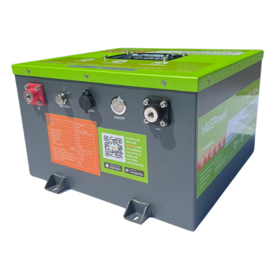 Close-up of a NUEPower 36V battery showing terminals, on/off switch, and label.