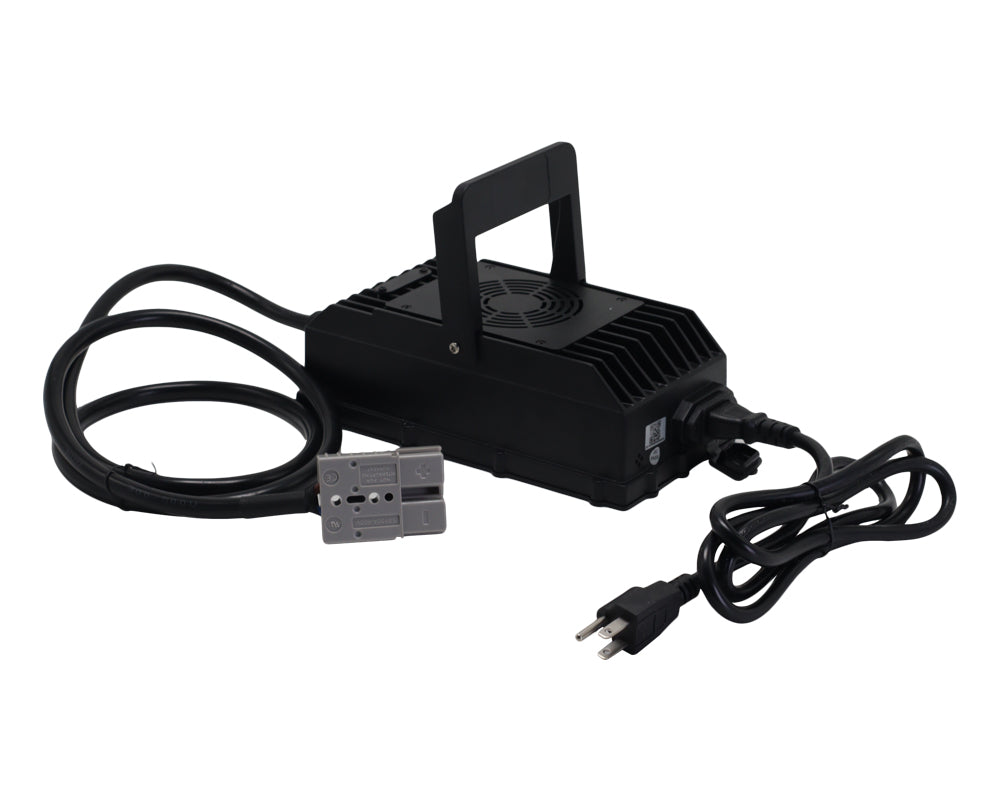 Black portable battery charger with a handle, cooling vents, power cords, and a connector plug.