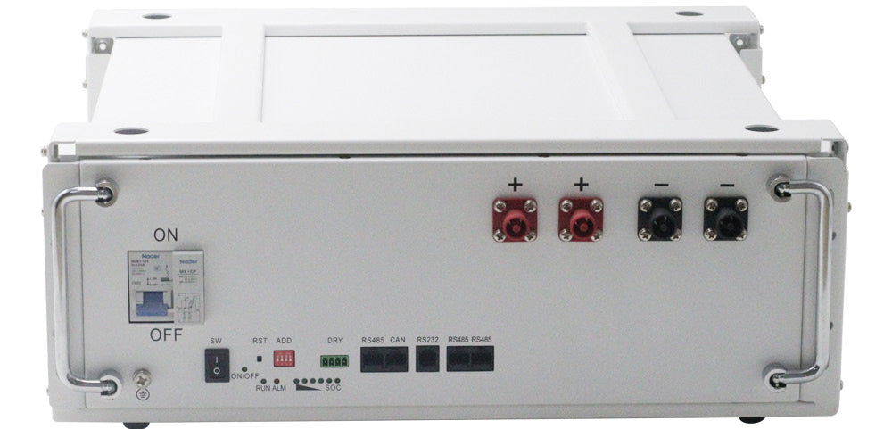 Front view of a white battery module with terminal connections, on/off switch, communication ports, and sturdy metal handles.