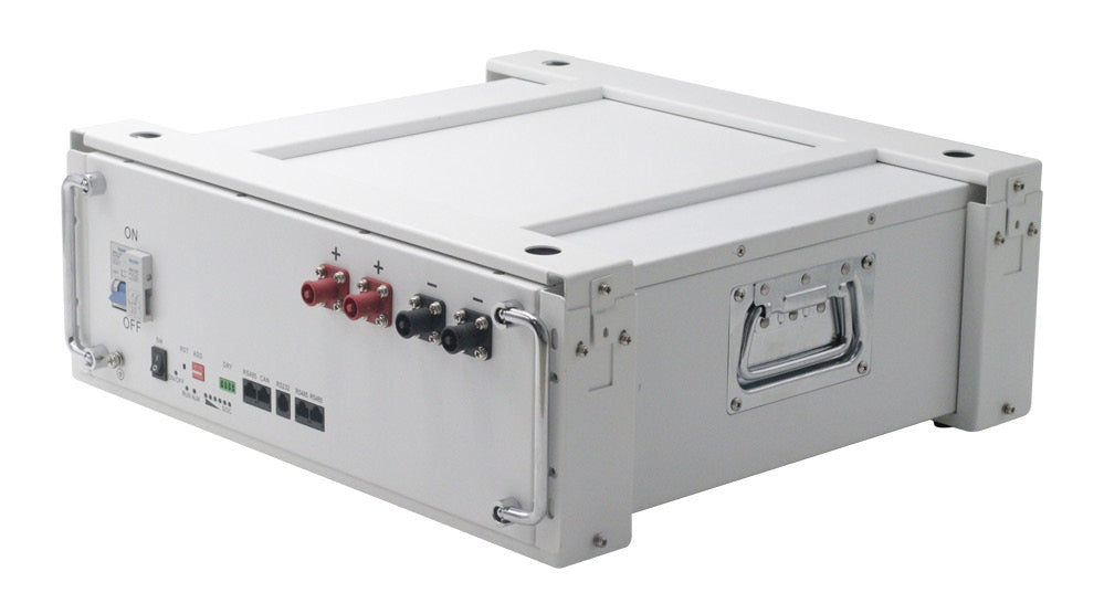 Single white battery module with terminal connections, on/off switch, and metal side handle for portability.