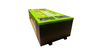 Rectangular black and green battery with a labeled top, secure handles, and sturdy feet for stability.