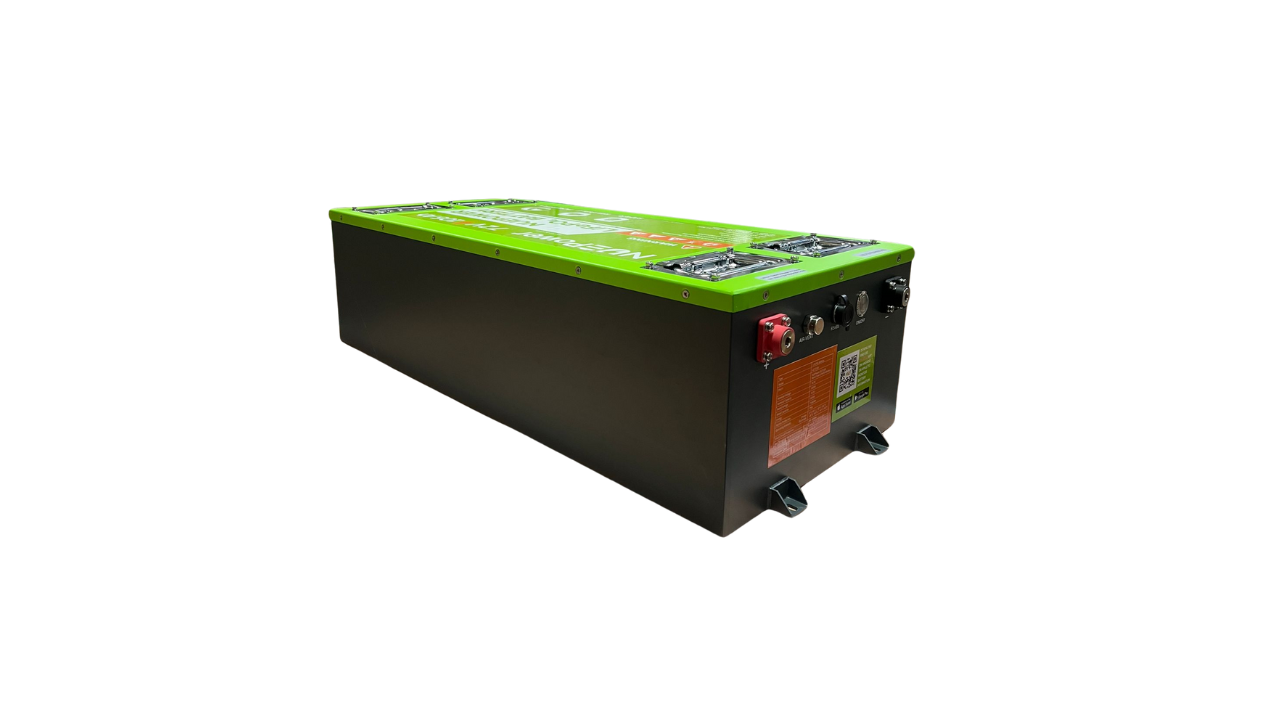 Rectangular black and green battery with terminal connections, QR code, and specifications panel, designed for high-capacity use.
