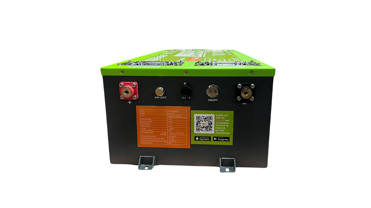Rear view of a green and black battery with terminal connections, air vent, on/off switch, QR code, and specifications panel.