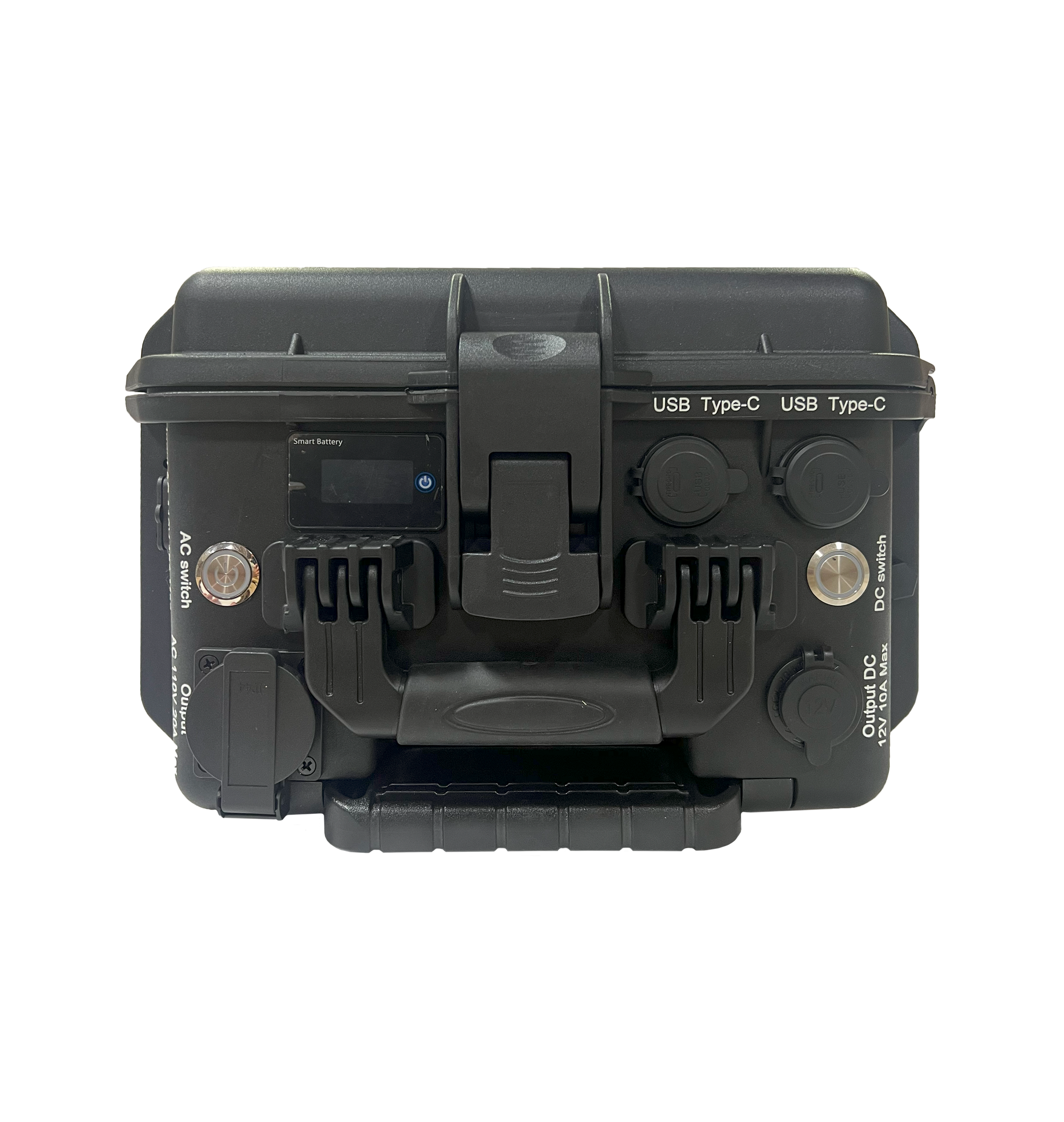 Front view of a black portable power station with multiple USB Type-C ports, DC outputs, and a central handle.