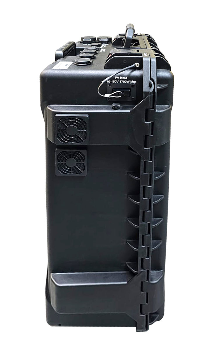 Side view of a black portable power case with cooling vents, a PV input port, and a sturdy hinge design.