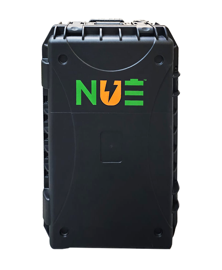 Front view of a black NUE portable power case with a bold green and orange logo and a durable, rugged design.