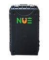 Front view of a black NUE portable power case with a bold green and orange logo and a durable, rugged design.