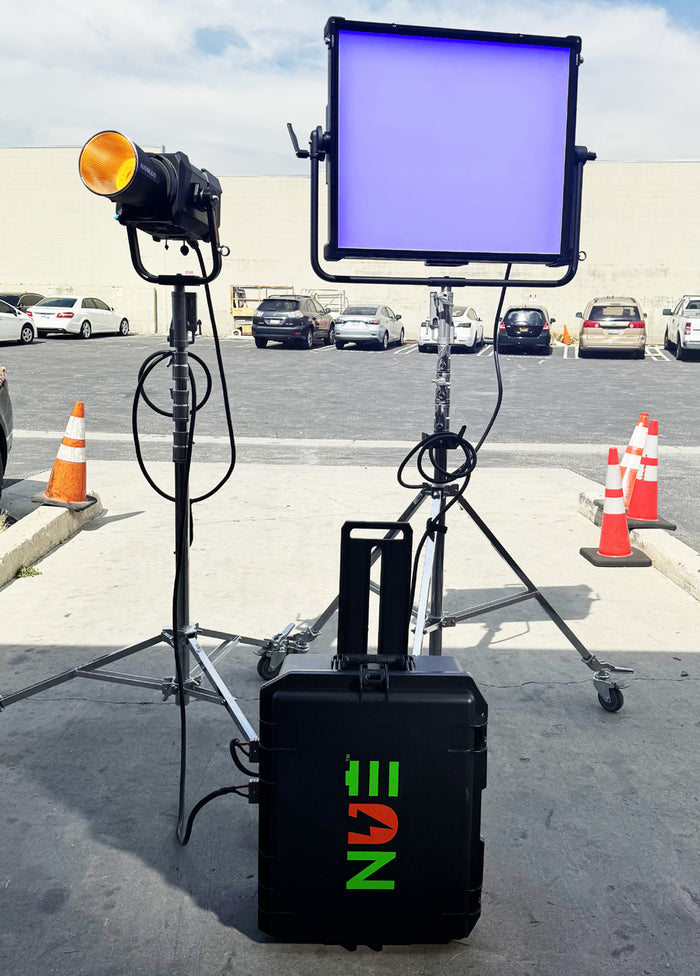 NUE 48V CINE DC battery generator powering a Nanlux LED light on location