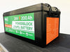 Black 24V 200Ah LiFePO4 PowerBlock battery with green label, orange specifications panel, and rope handles.