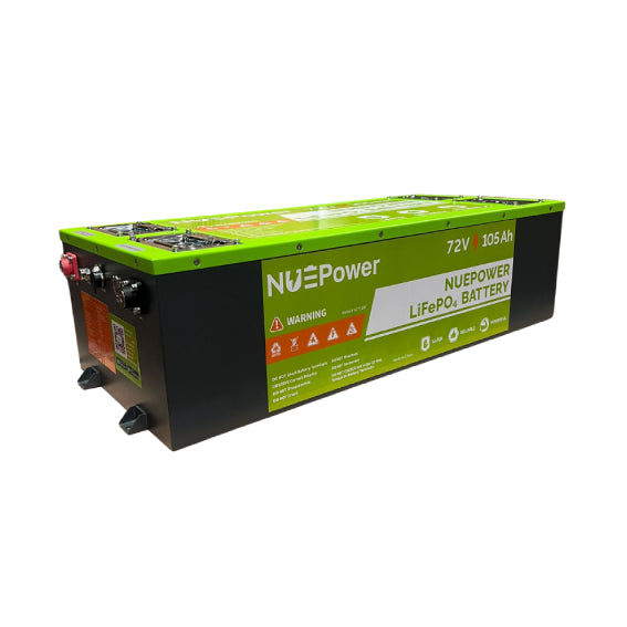 Rectangular 72V 105Ah NUEPower LiFePO4 battery with green top, warning icons, QR code, and terminal connections.