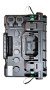 Top view of a black NUE portable power case with multiple AC/DC outlets, protective covers, a handle, and a small display screen.
